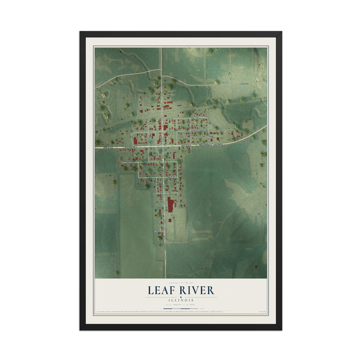 Map of Leaf River, Illinois, 12 x 18 inch print in a black wood frame