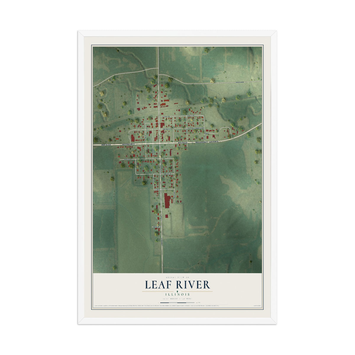 Map of Leaf River, Illinois, 12 x 18 inch print in a white wood frame