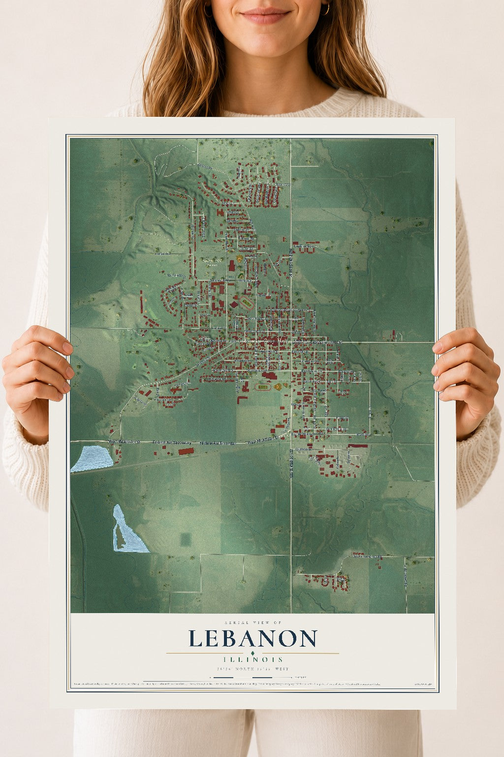 Map of Lebanon, Illinois, 18 x 24 inch unframed archival matte print