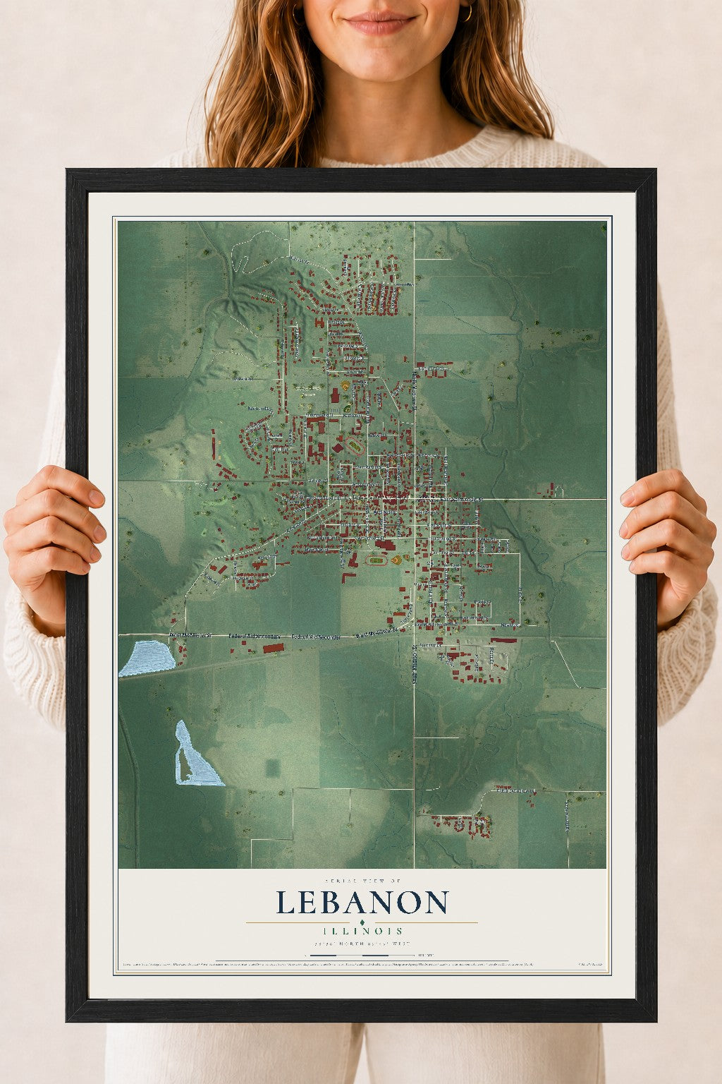 Map of Lebanon, Illinois, 18 x 24 inch print in a black wood frame