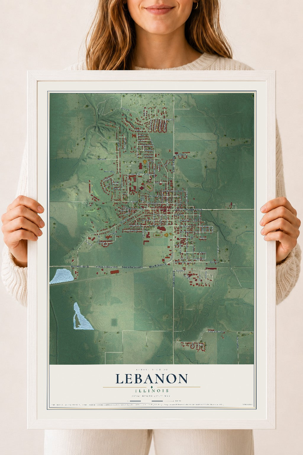 Map of Lebanon, Illinois, 18 x 24 inch print in a white wood frame