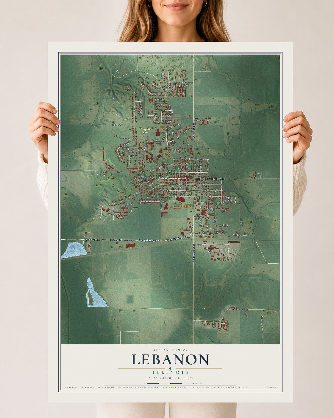Map of Lebanon, Illinois, 24 x 36 inch unframed archival matte print