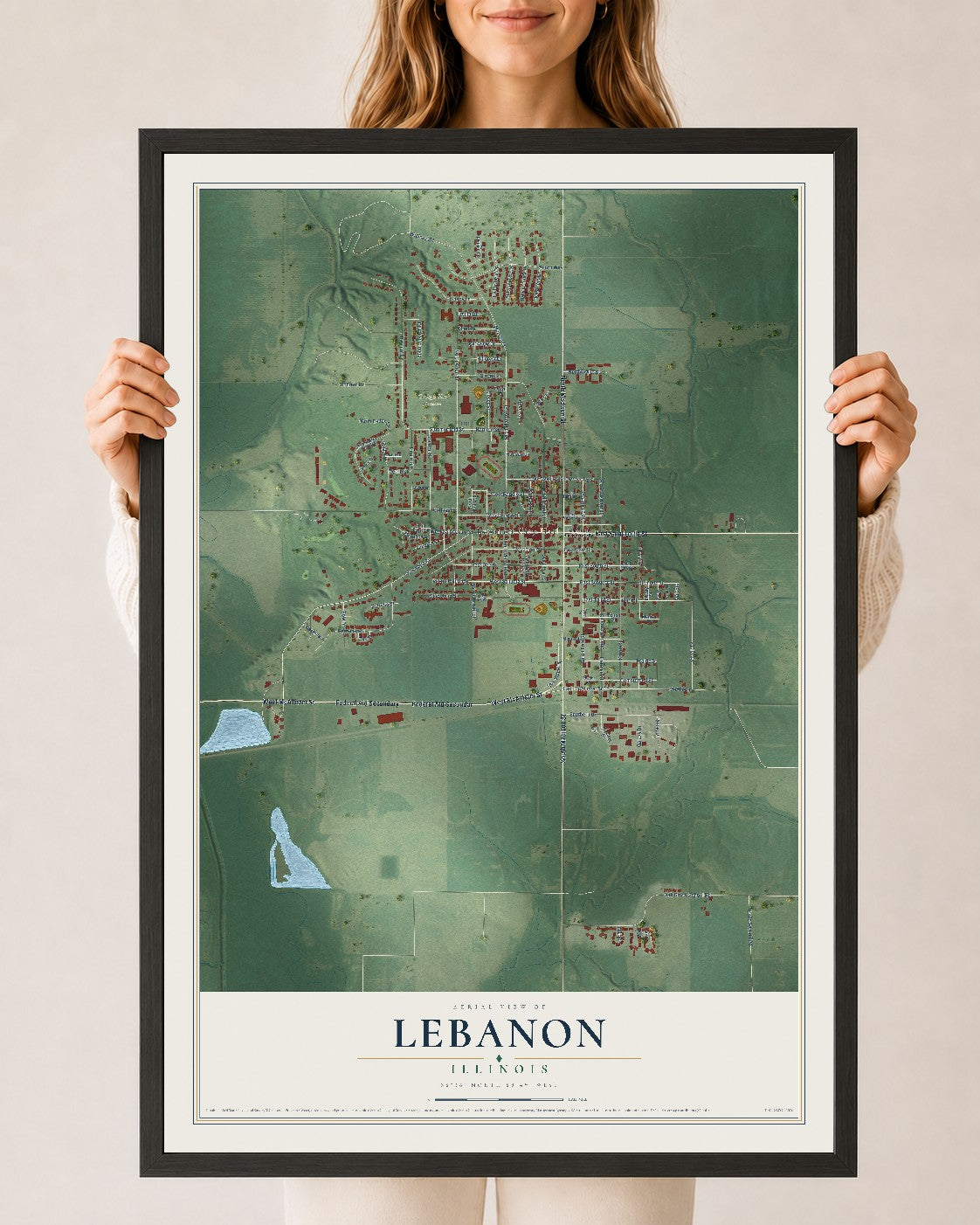 Map of Lebanon, Illinois, 24 x 36 inch print in a black wood frame