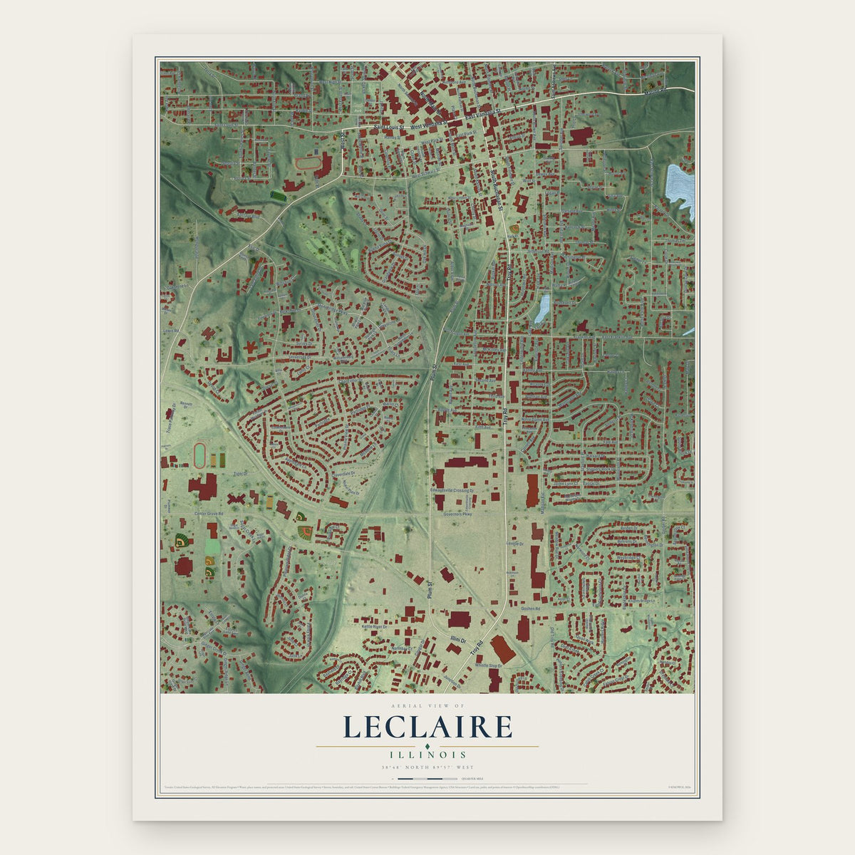 Leclaire, Illinois map print, the full design