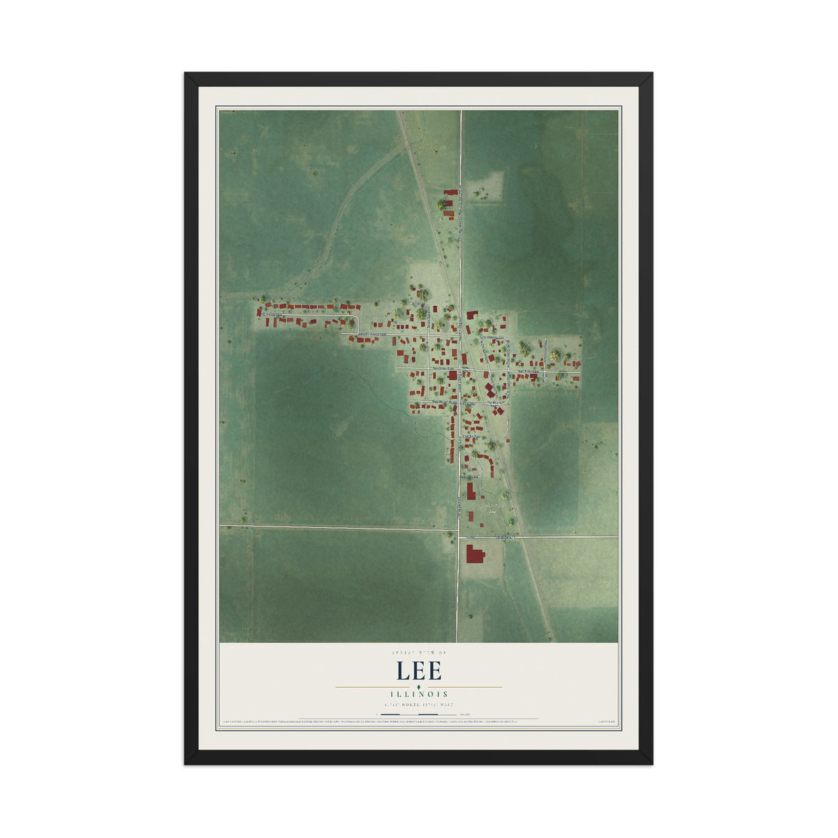 Map of Lee, Illinois, 12 x 18 inch print in a black wood frame