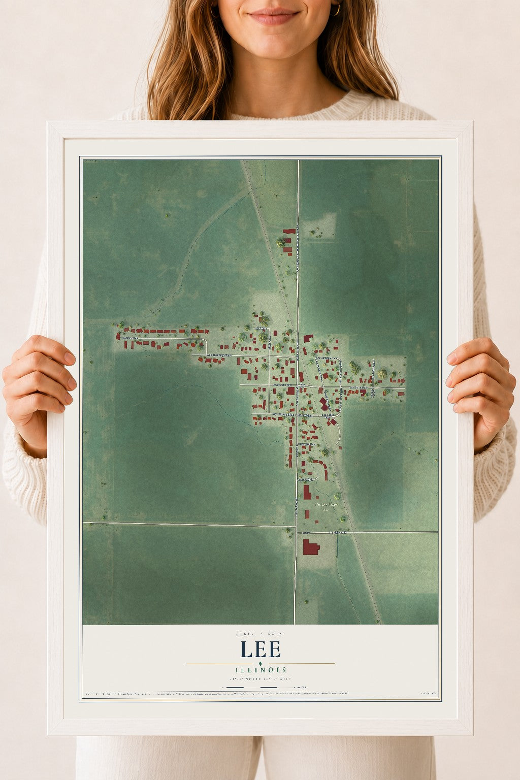 Map of Lee, Illinois, 18 x 24 inch print in a white wood frame
