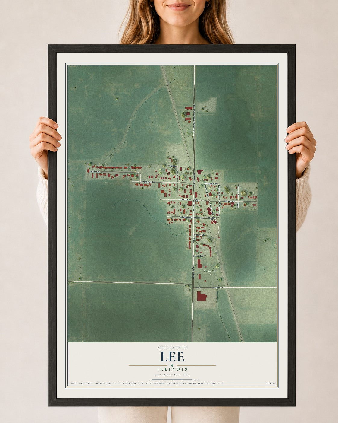 Map of Lee, Illinois, 24 x 36 inch print in a black wood frame