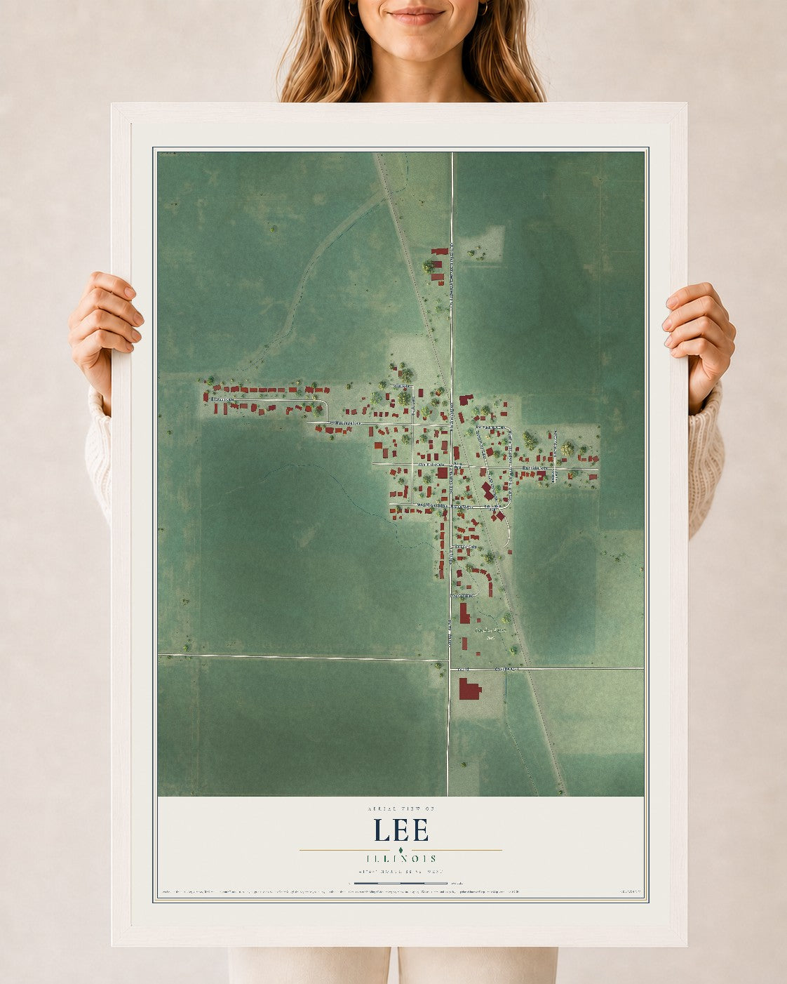 Map of Lee, Illinois, 24 x 36 inch print in a white wood frame