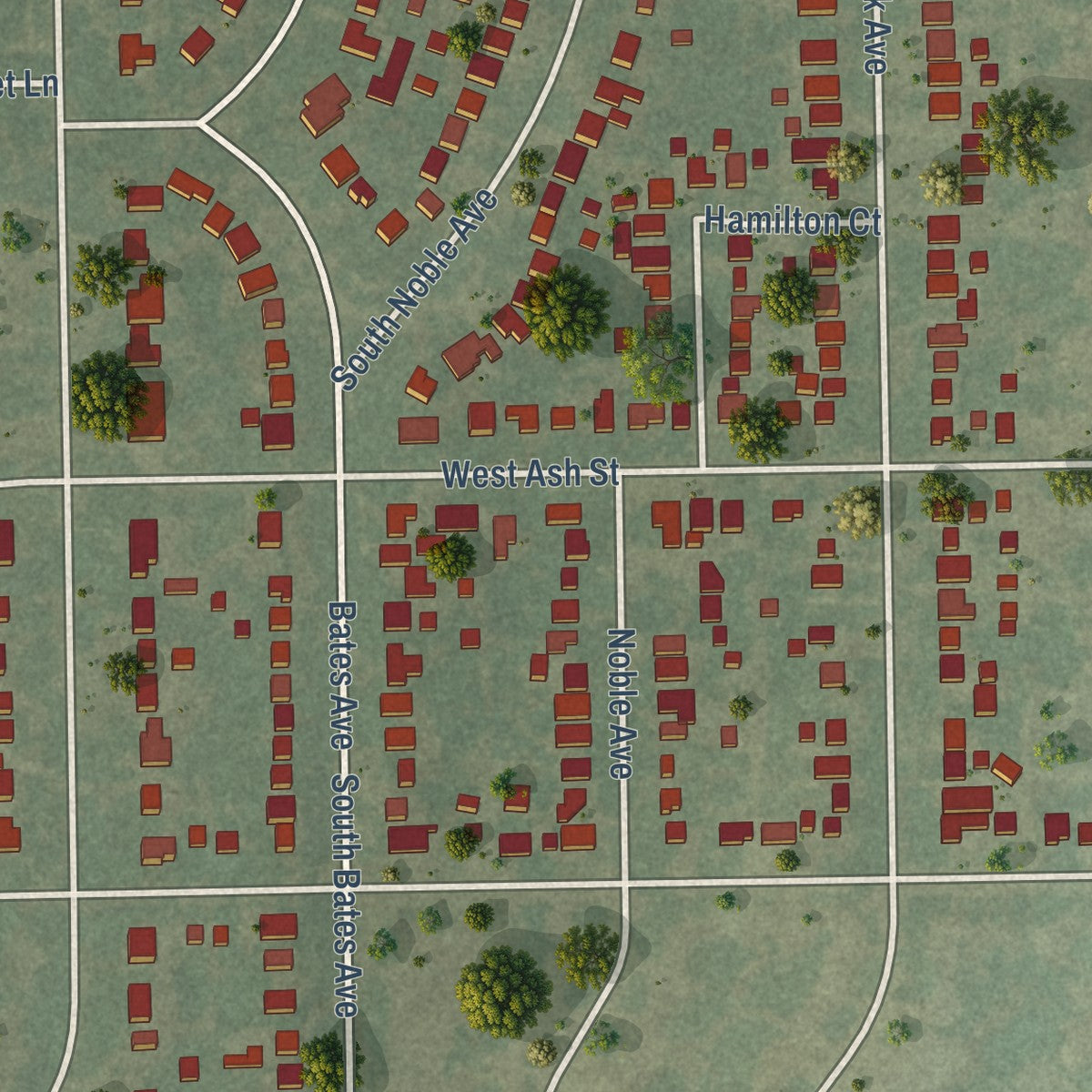 Close-up of the map of Leland Grove, Illinois print showing street and building detail
