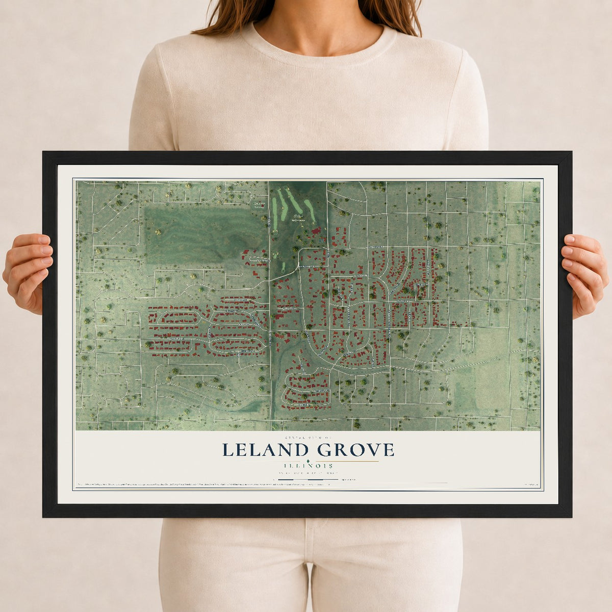 Map of Leland Grove, Illinois, 12 x 18 inch print in a black wood frame