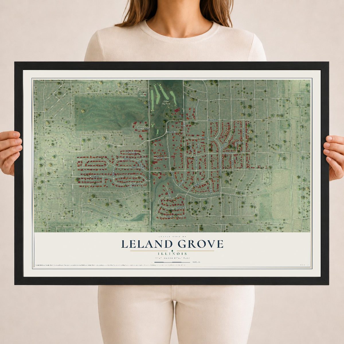 Map of Leland Grove, Illinois, 18 x 24 inch print in a black wood frame