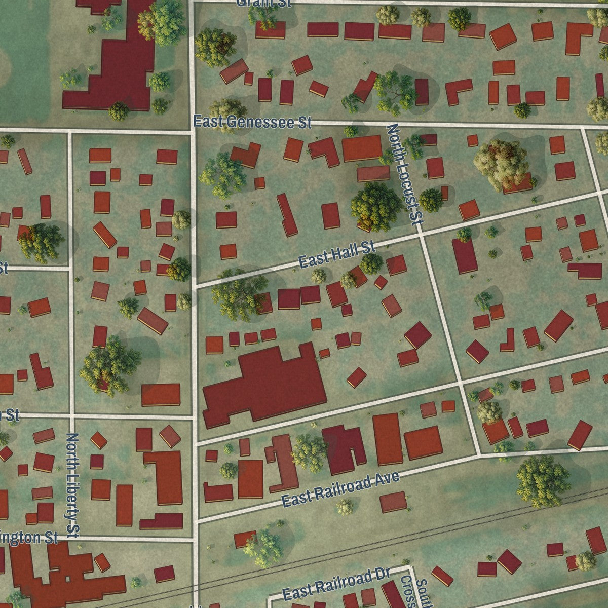 Close-up of the map of Leland, Illinois print showing street and building detail