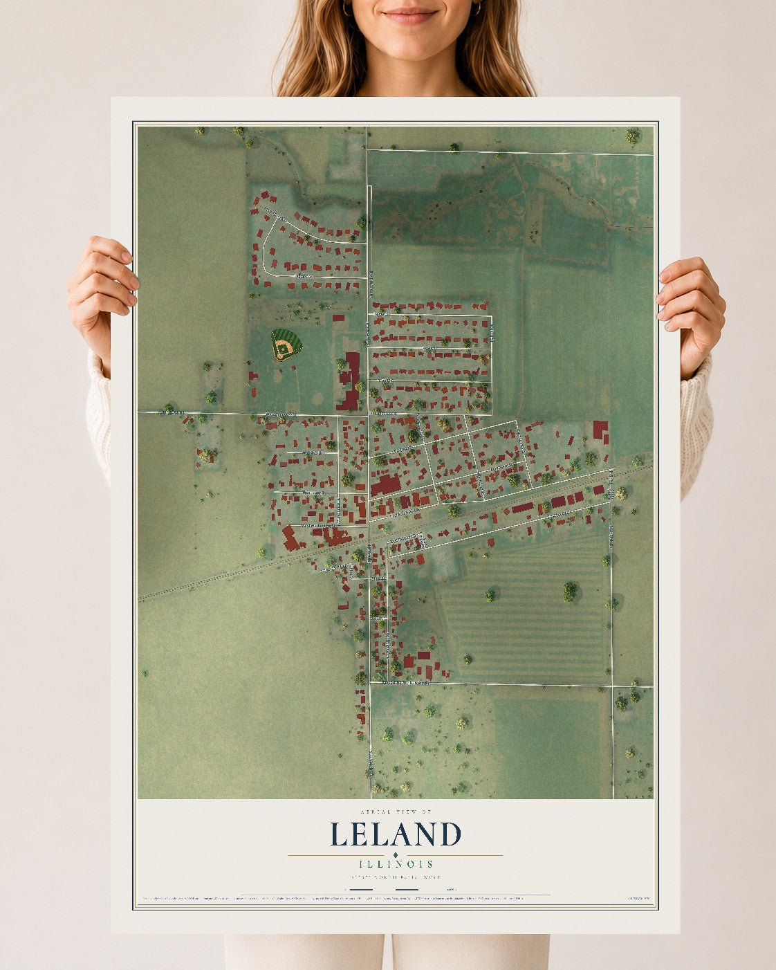 Map of Leland, Illinois, 24 x 36 inch unframed archival matte print