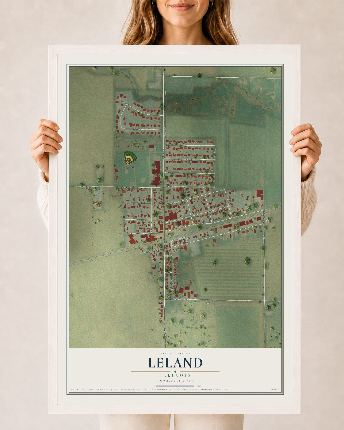 Map of Leland, Illinois, 24 x 36 inch print in a white wood frame