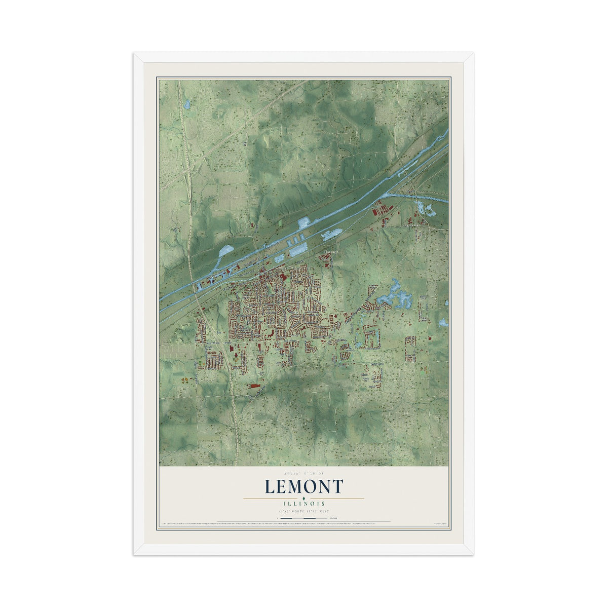Map of Lemont, Illinois, 12 x 18 inch print in a white wood frame