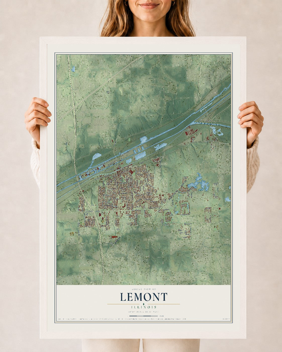 Map of Lemont, Illinois, 24 x 36 inch print in a white wood frame