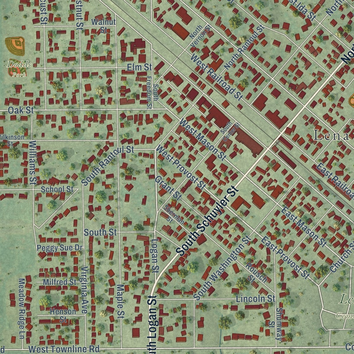Close-up of the map of Lena, Illinois print showing street and building detail