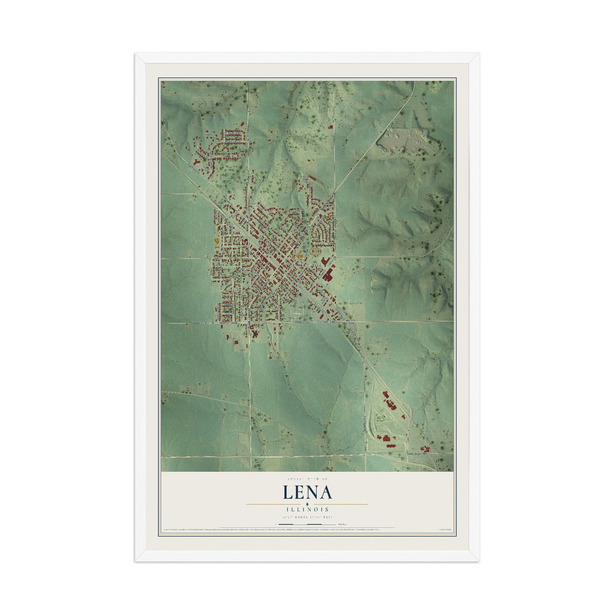 Map of Lena, Illinois, 12 x 18 inch print in a white wood frame
