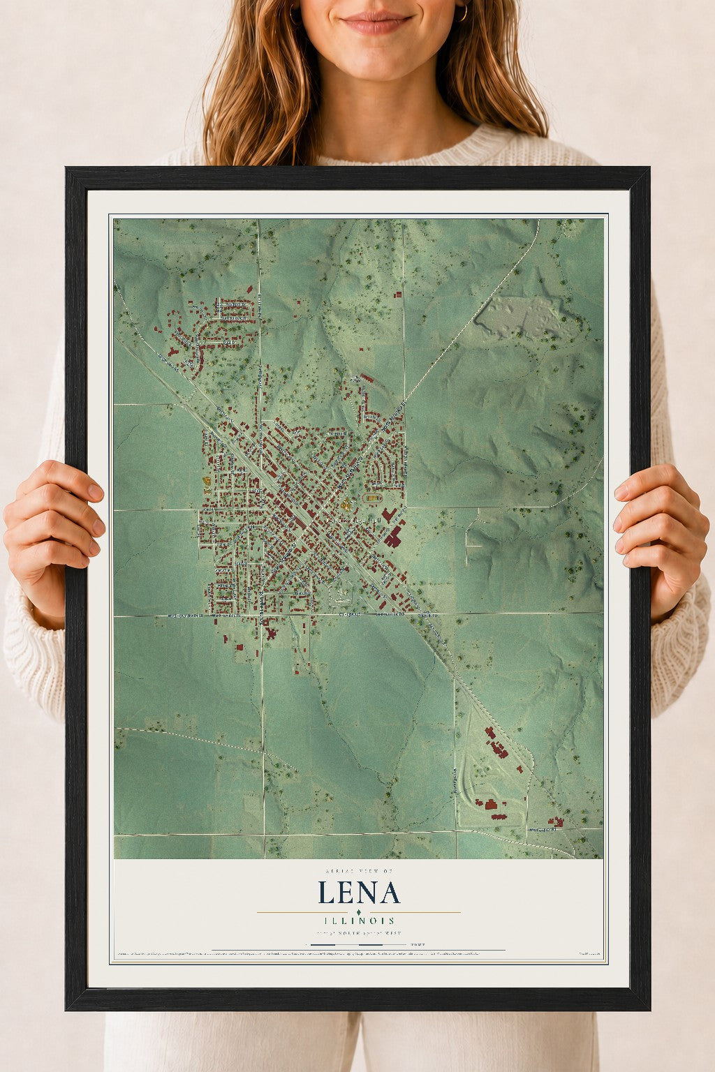 Map of Lena, Illinois, 18 x 24 inch print in a black wood frame
