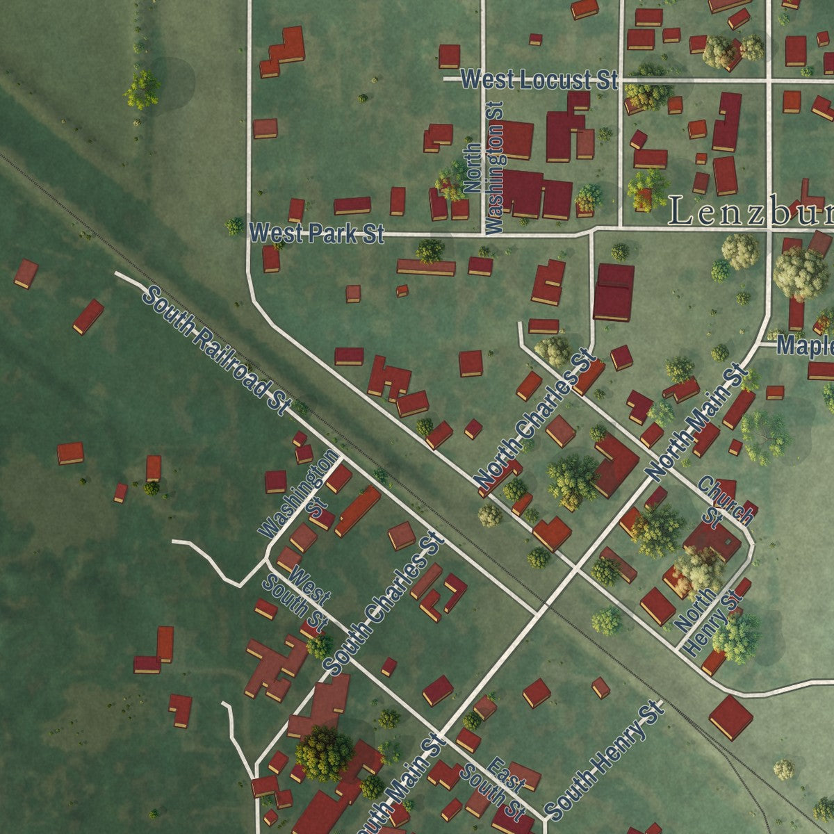 Close-up of the map of Lenzburg, Illinois print showing street and building detail