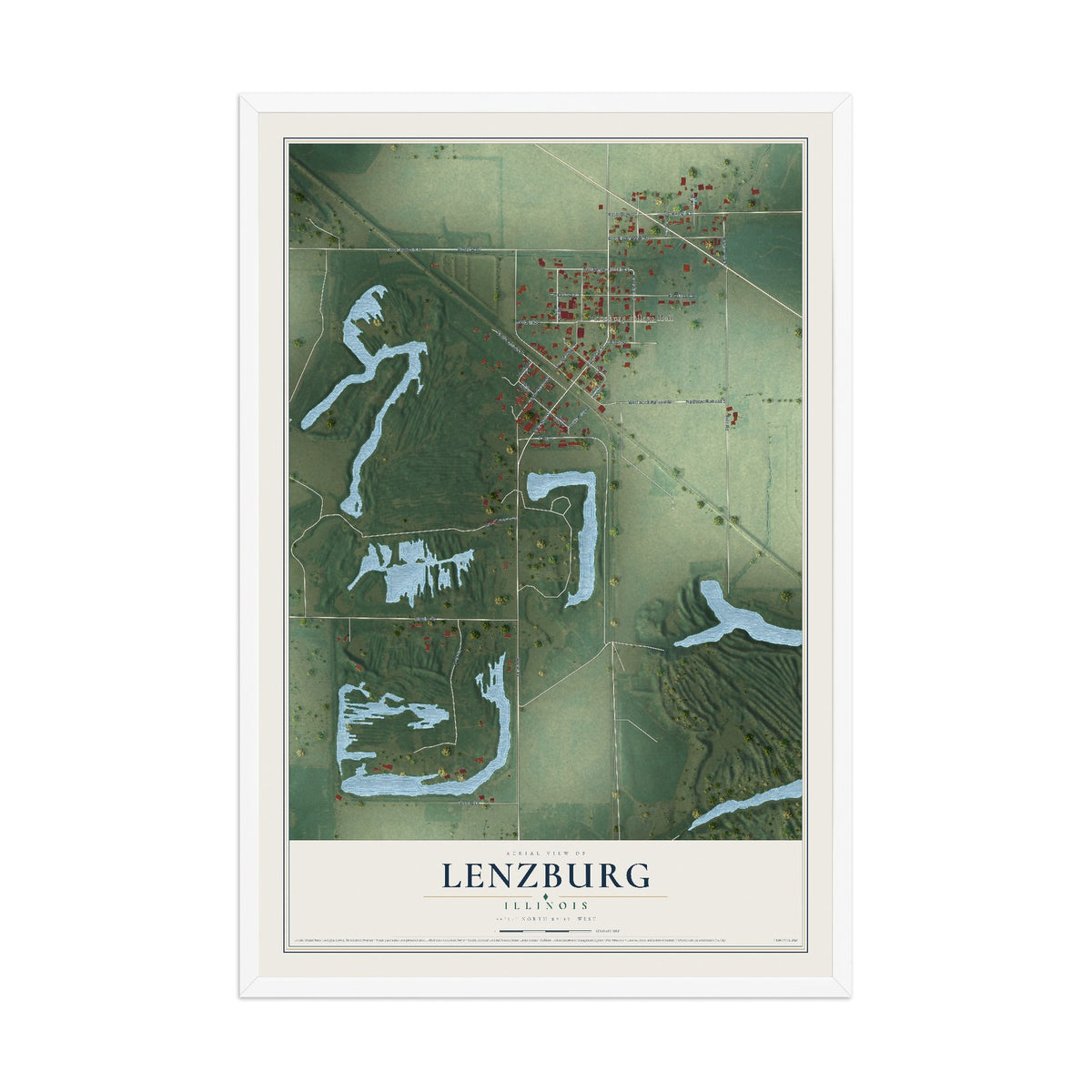 Map of Lenzburg, Illinois, 12 x 18 inch print in a white wood frame