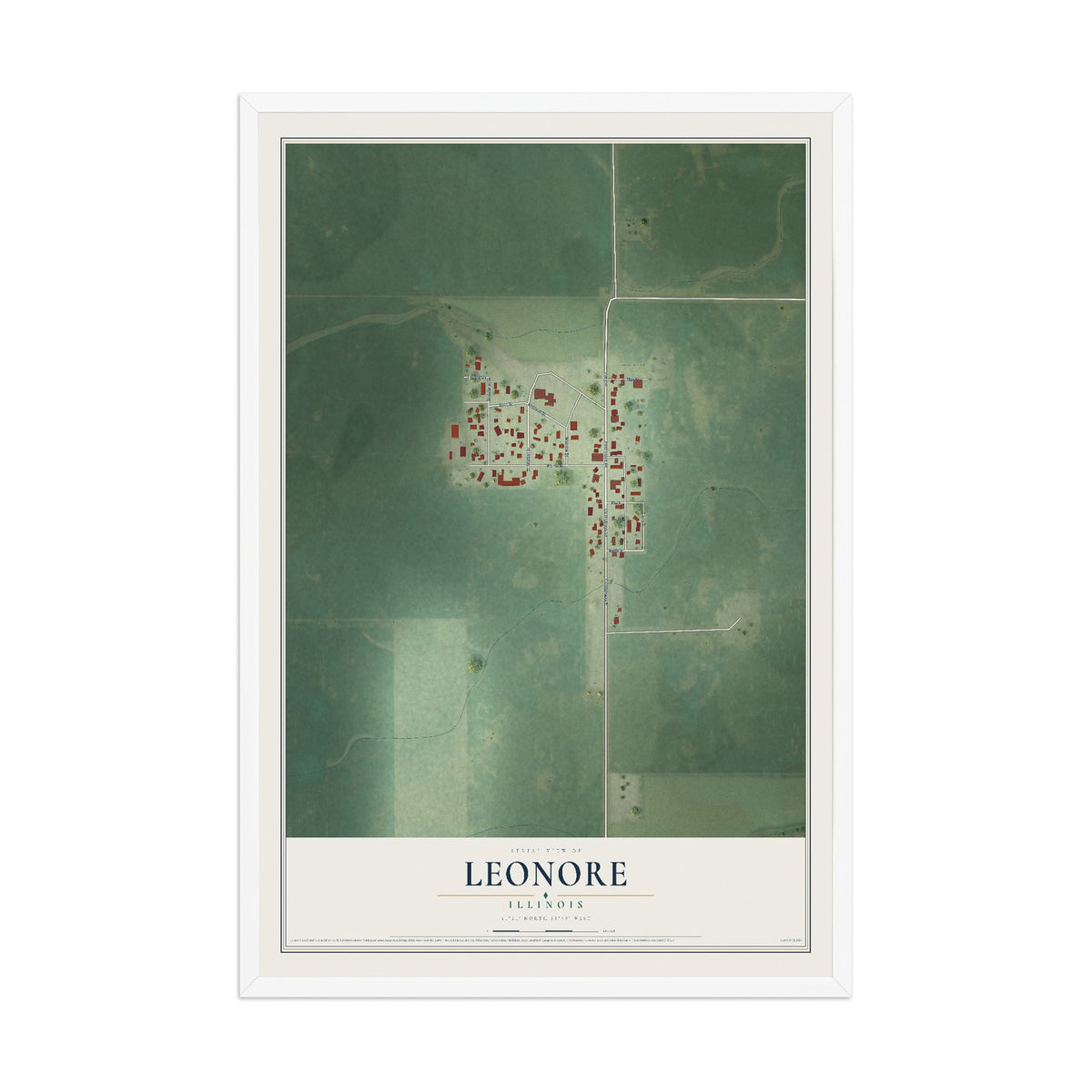 Map of Leonore, Illinois, 12 x 18 inch print in a white wood frame