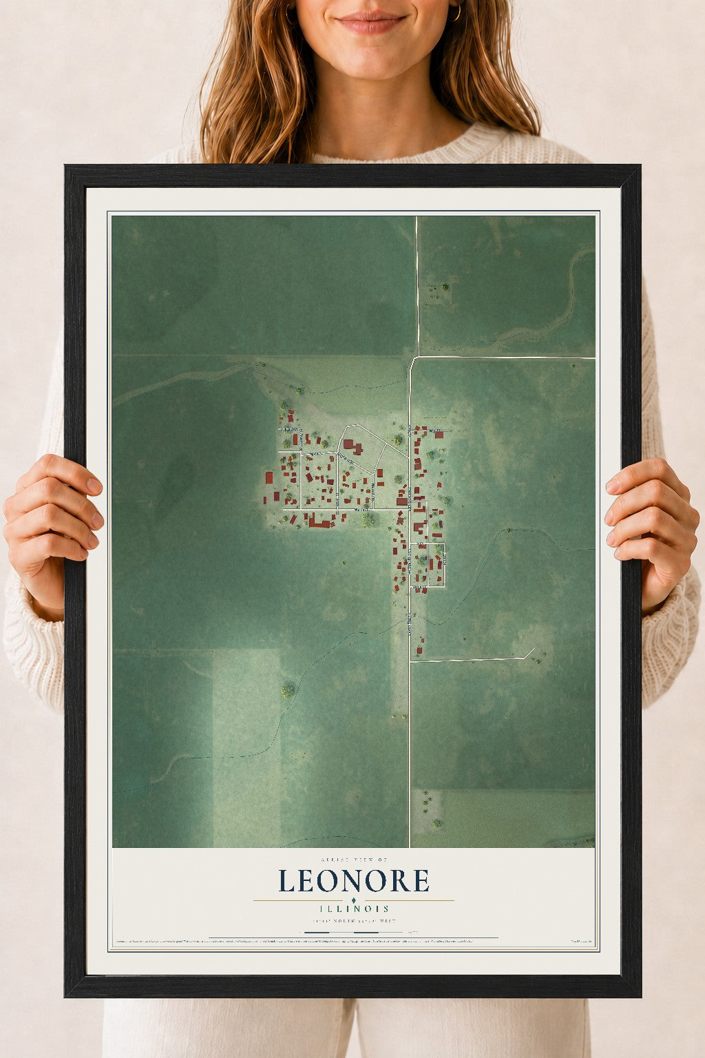Map of Leonore, Illinois, 18 x 24 inch print in a black wood frame