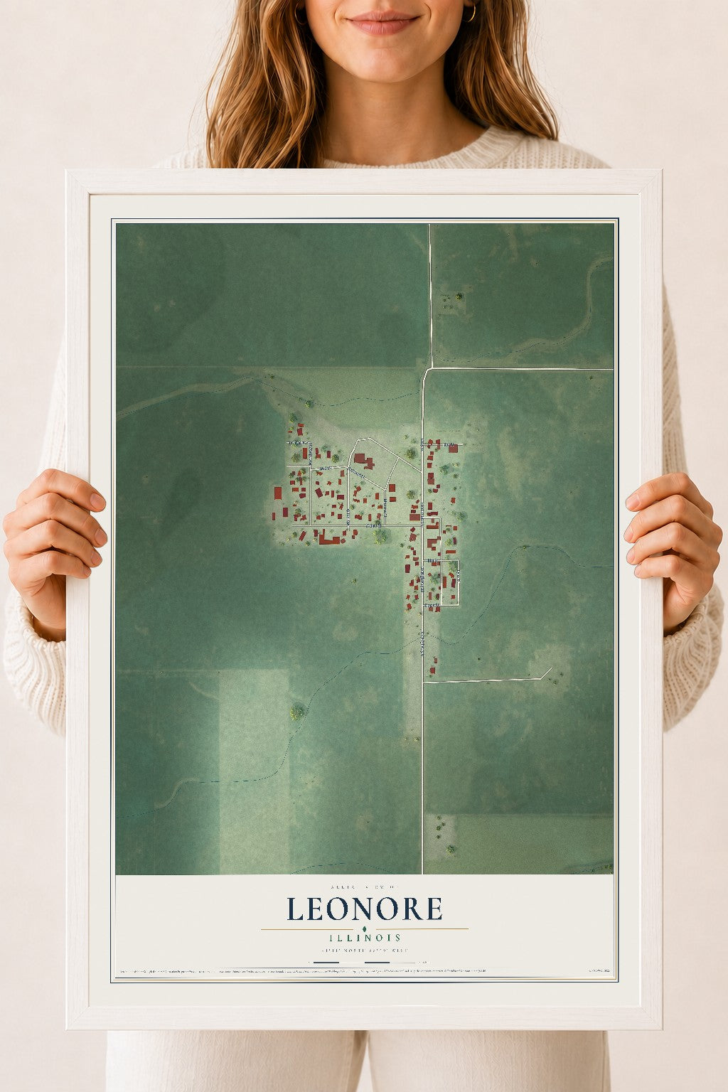 Map of Leonore, Illinois, 18 x 24 inch print in a white wood frame