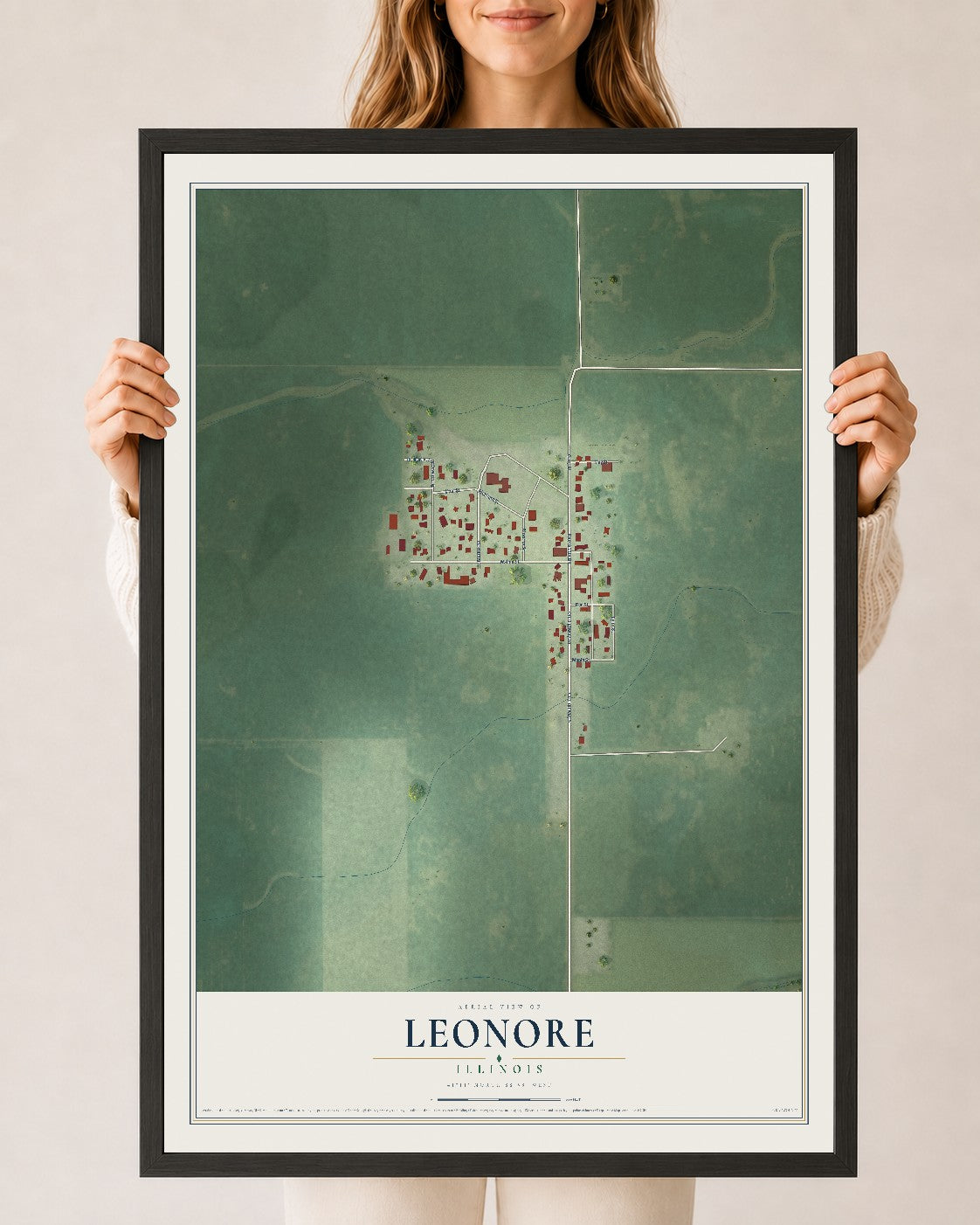 Map of Leonore, Illinois, 24 x 36 inch print in a black wood frame