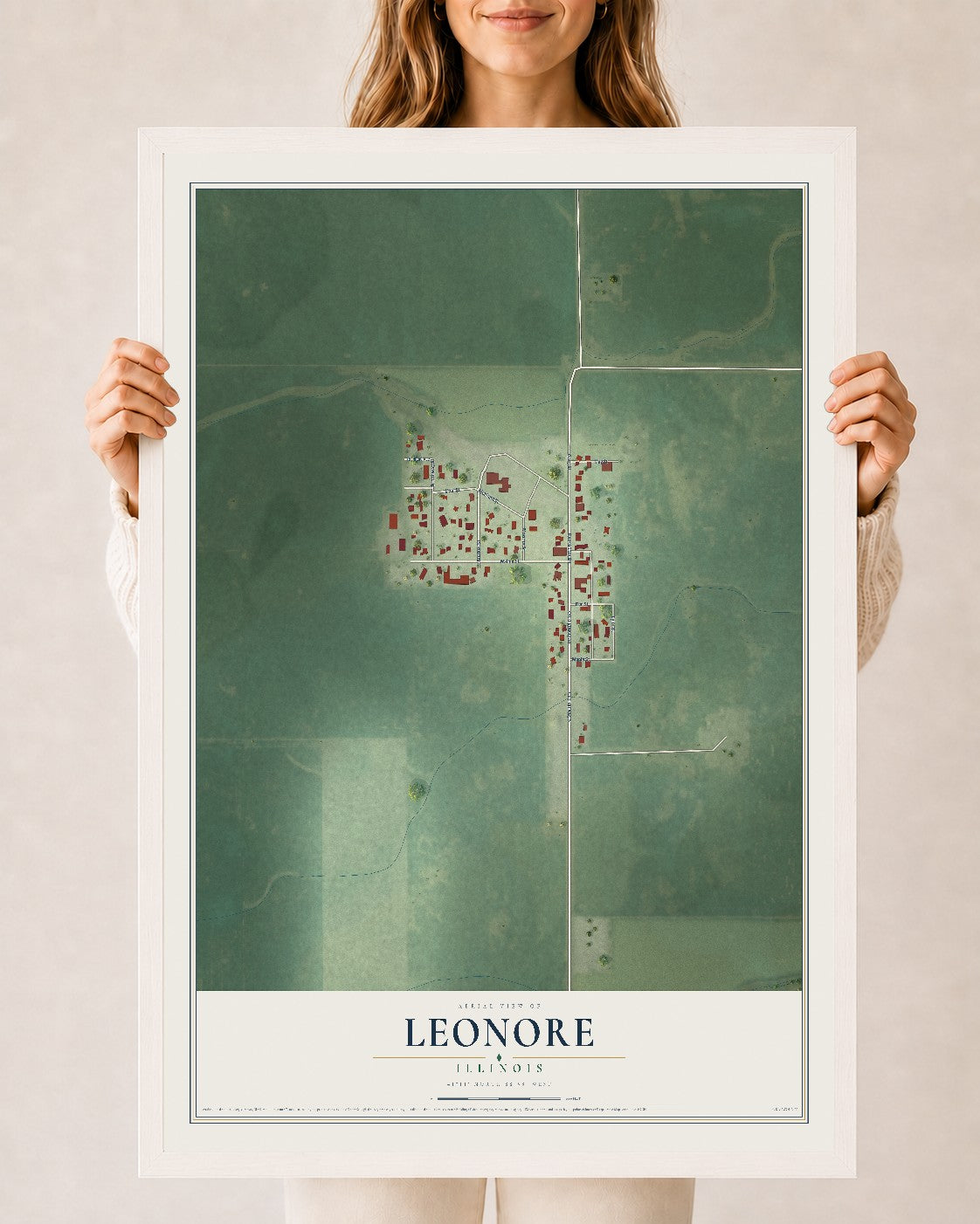 Map of Leonore, Illinois, 24 x 36 inch print in a white wood frame