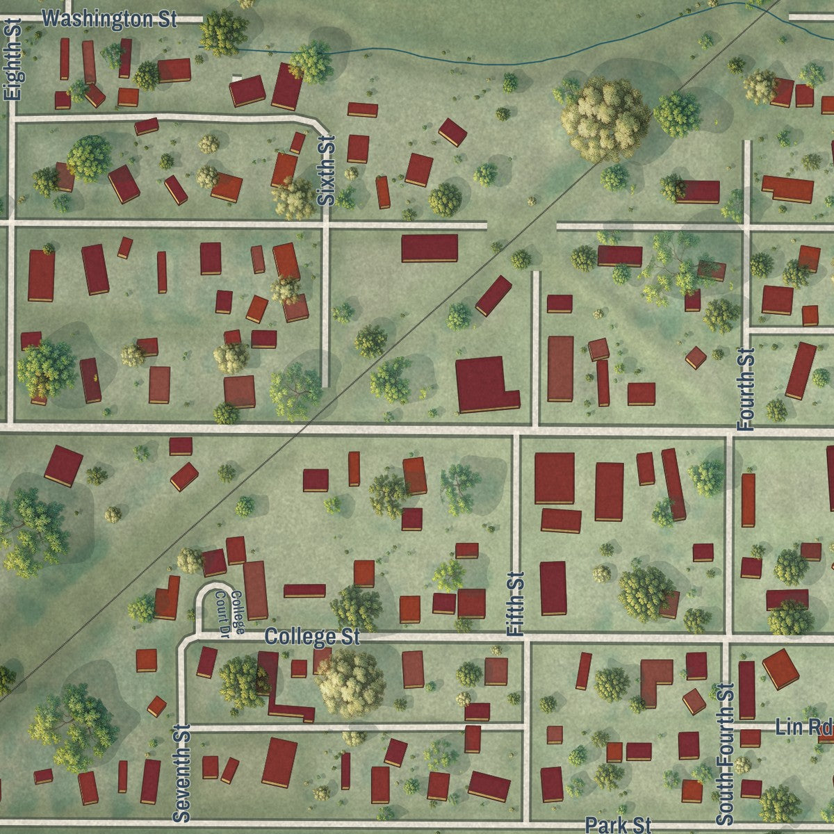 Close-up of the map of Lerna, Illinois print showing street and building detail