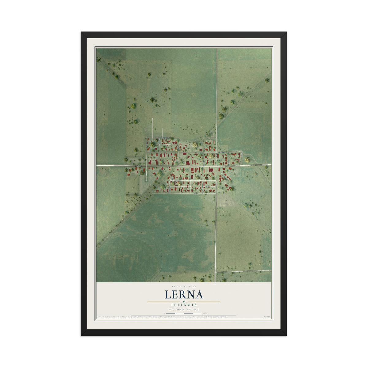 Map of Lerna, Illinois, 12 x 18 inch print in a black wood frame