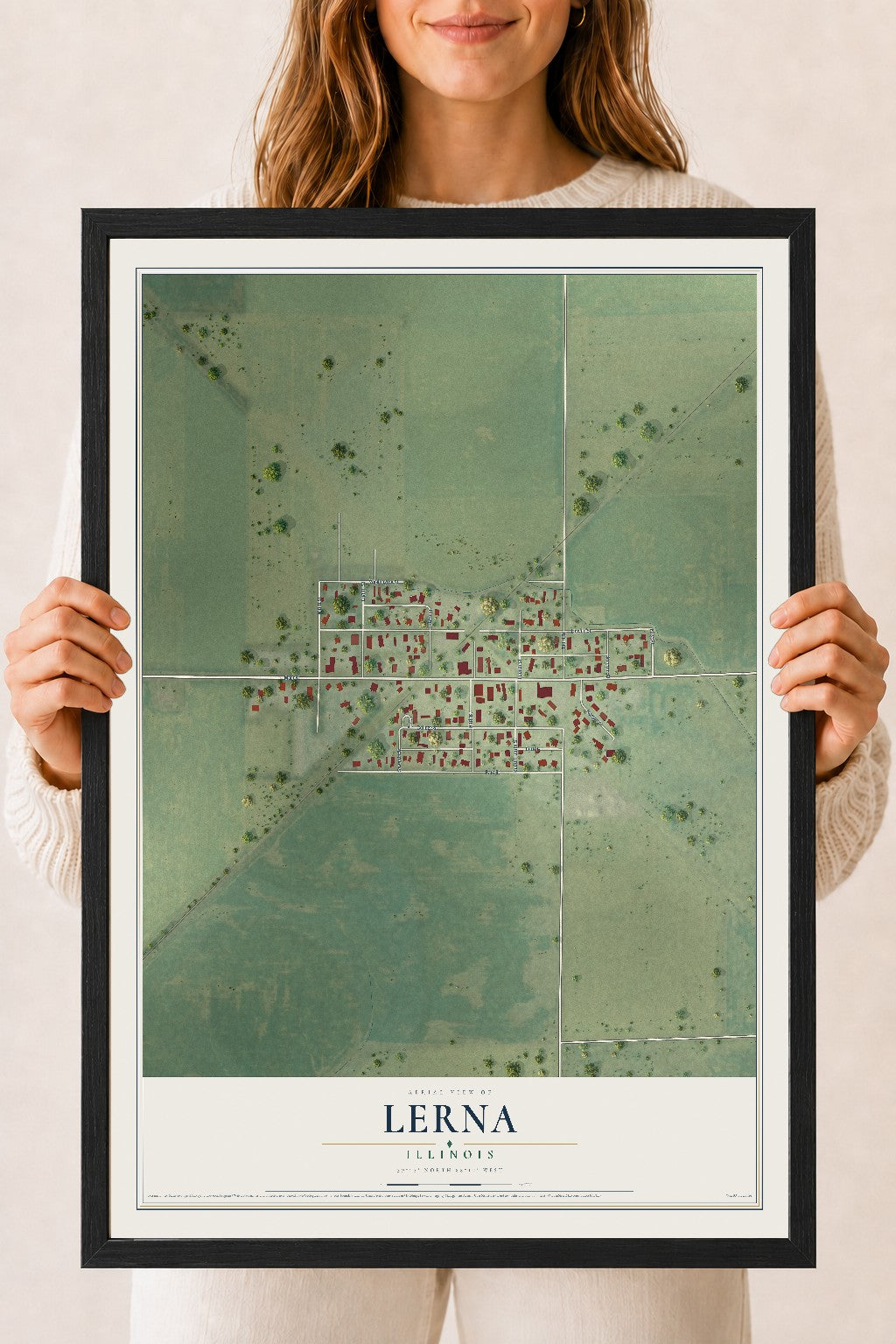 Map of Lerna, Illinois, 18 x 24 inch print in a black wood frame