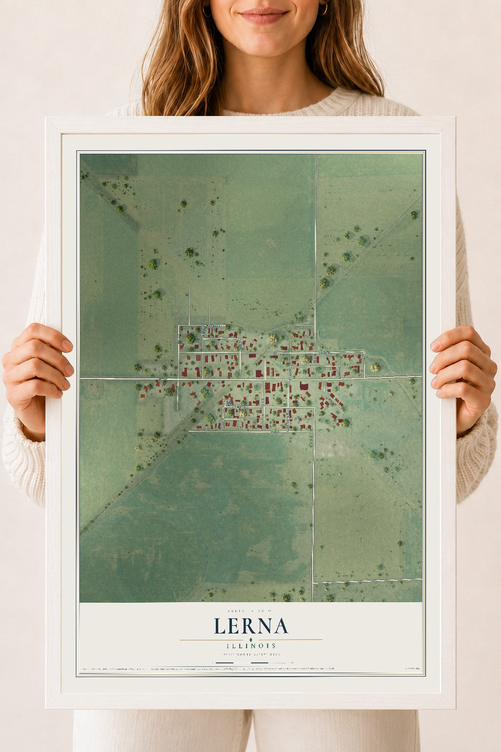 Map of Lerna, Illinois, 18 x 24 inch print in a white wood frame