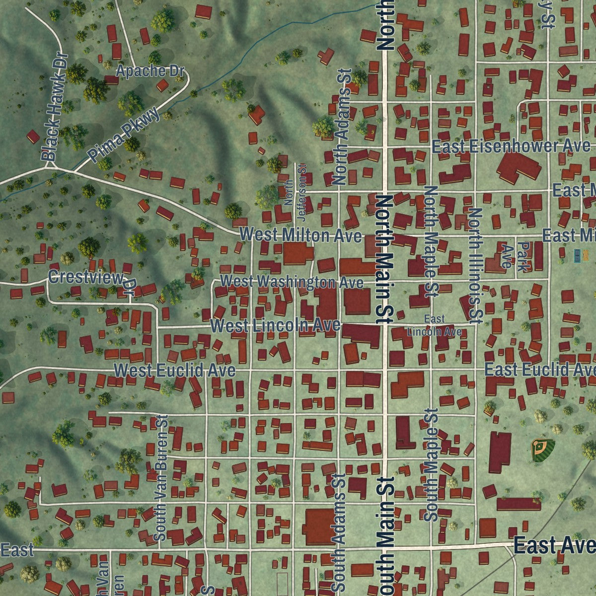 Close-up of the map of Lewistown, Illinois print showing street and building detail