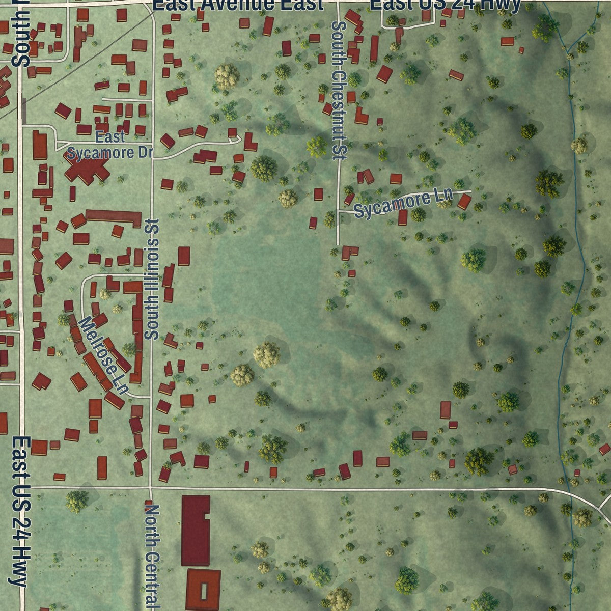 Second close-up of the map of Lewistown, Illinois print showing more streets and buildings