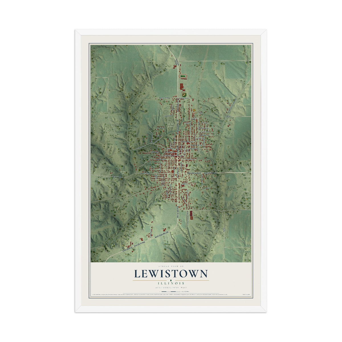 Map of Lewistown, Illinois, 12 x 18 inch print in a white wood frame