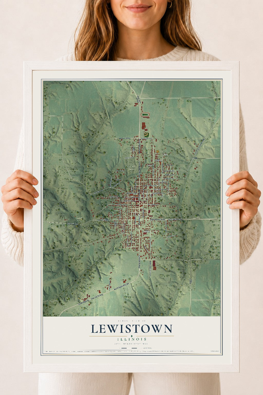 Map of Lewistown, Illinois, 18 x 24 inch print in a white wood frame