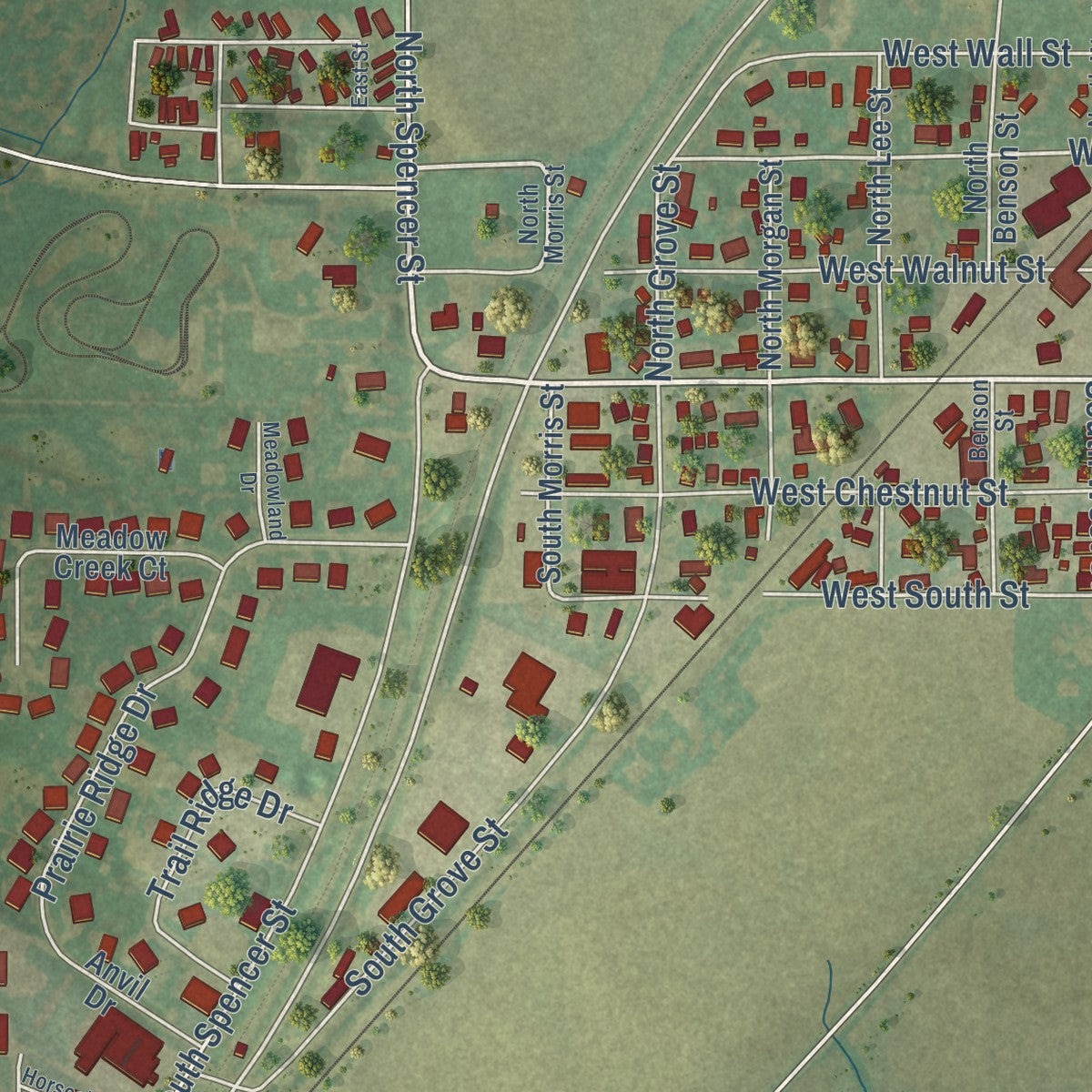 Second close-up of the map of Lexington, Illinois print showing more streets and buildings