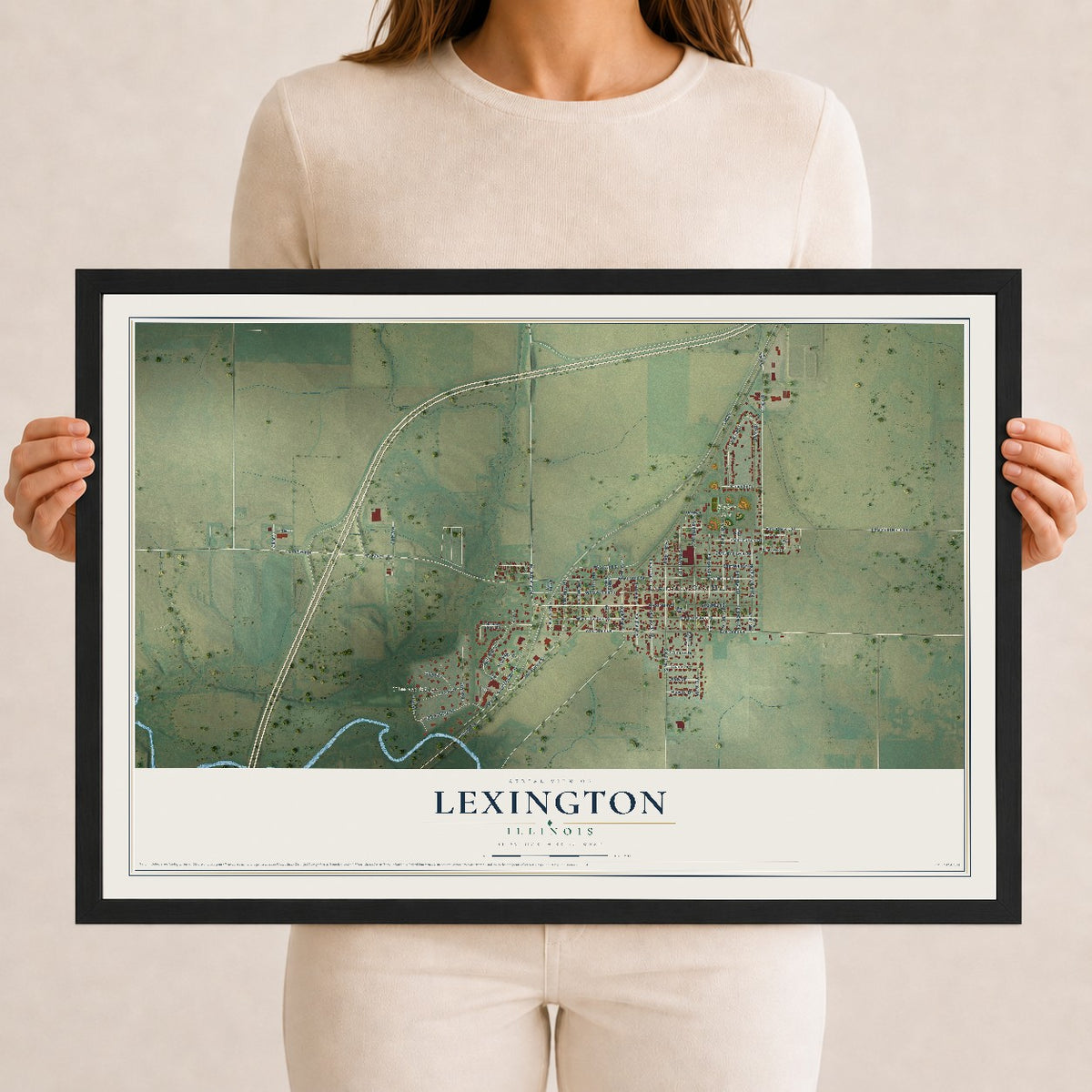 Map of Lexington, Illinois, 12 x 18 inch print in a black wood frame