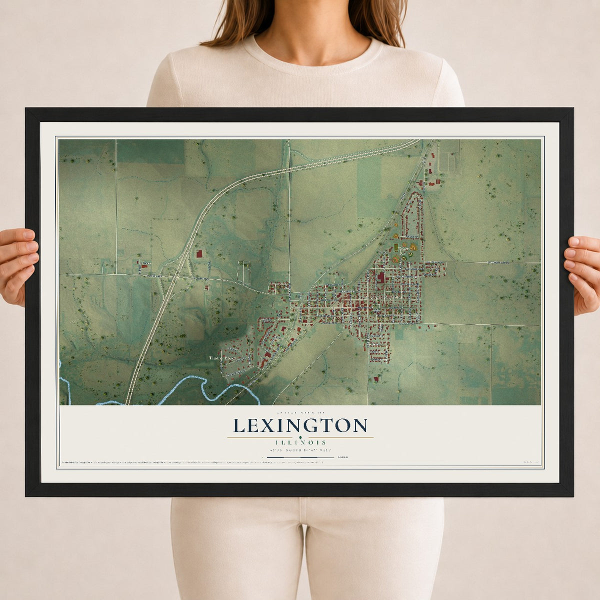 Map of Lexington, Illinois, 18 x 24 inch print in a black wood frame