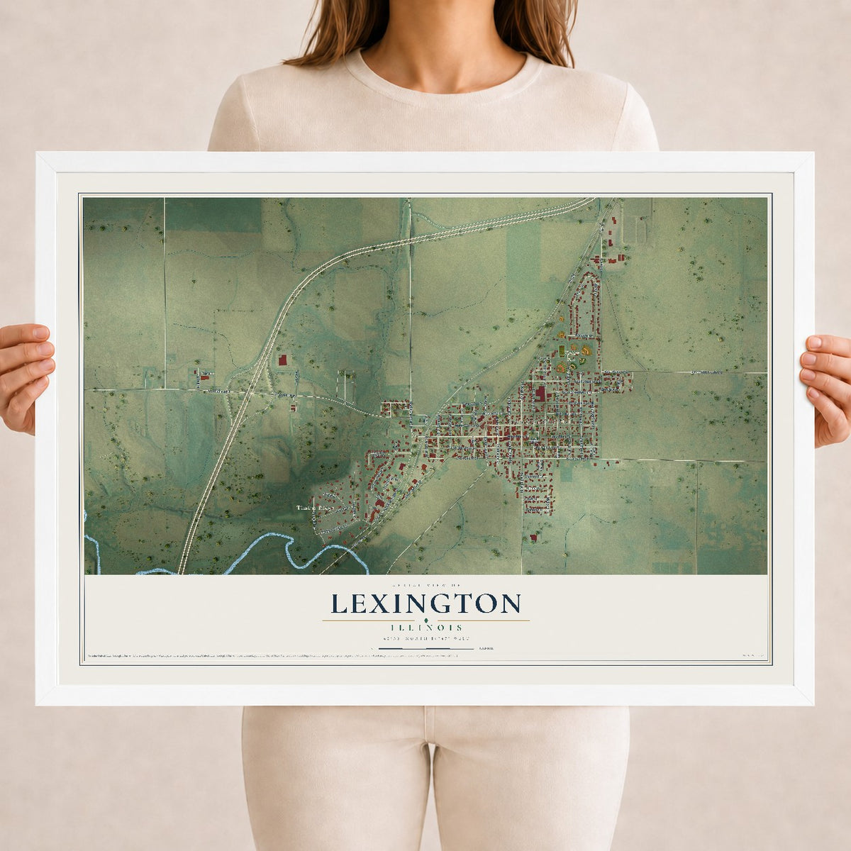 Map of Lexington, Illinois, 18 x 24 inch print in a white wood frame