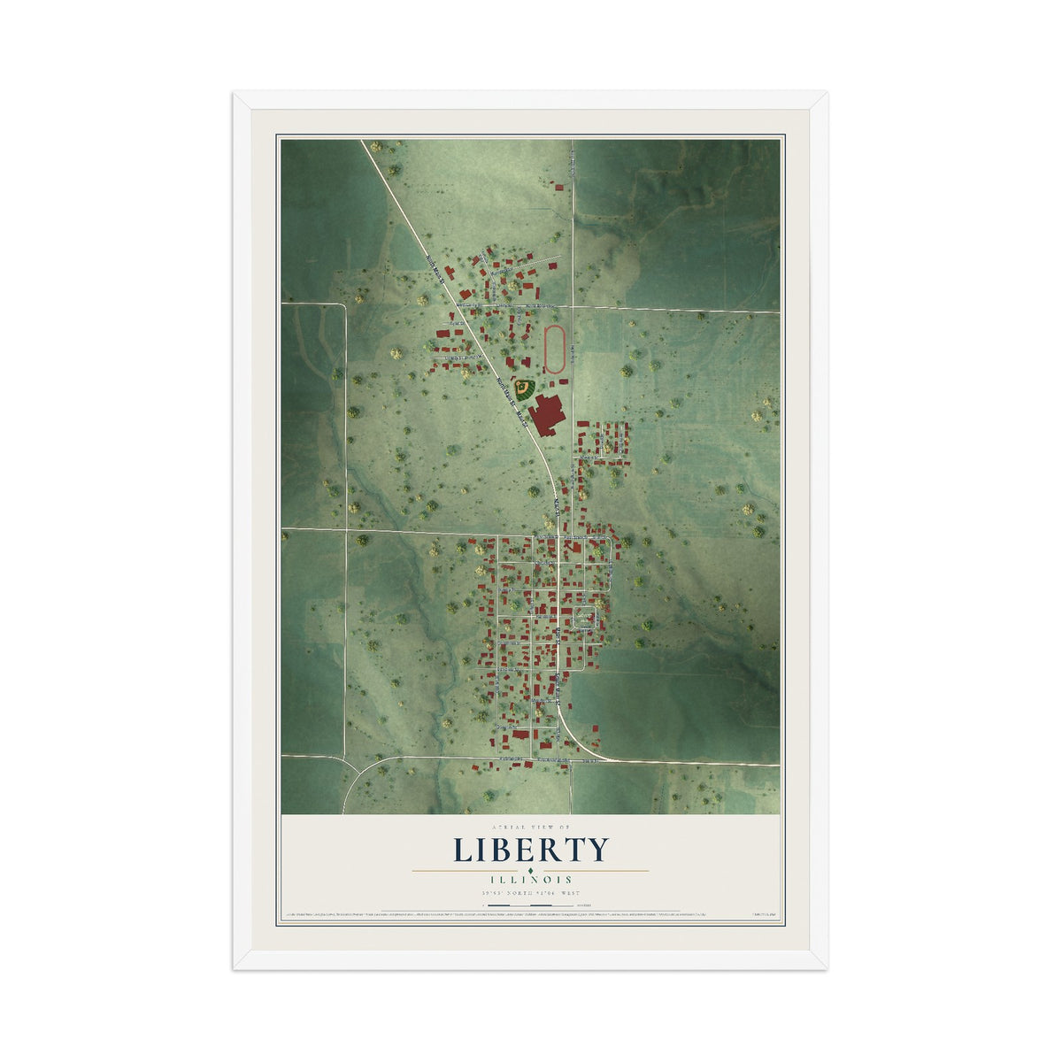 Map of Liberty, Illinois, 12 x 18 inch print in a white wood frame