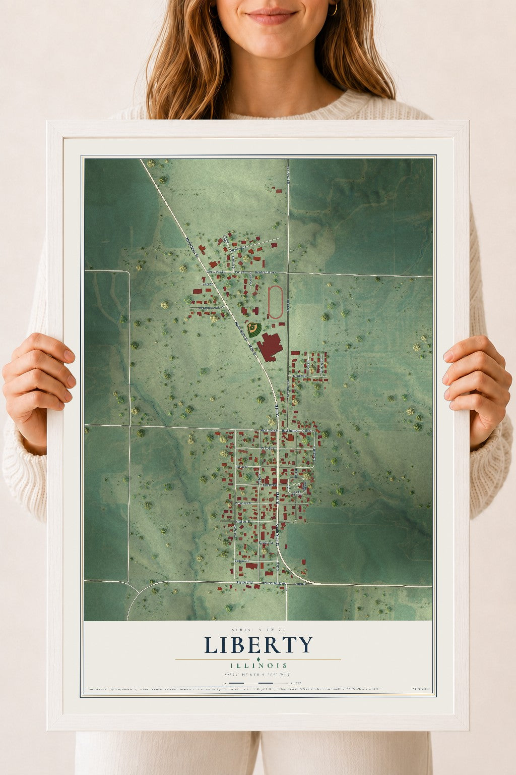 Map of Liberty, Illinois, 18 x 24 inch print in a white wood frame