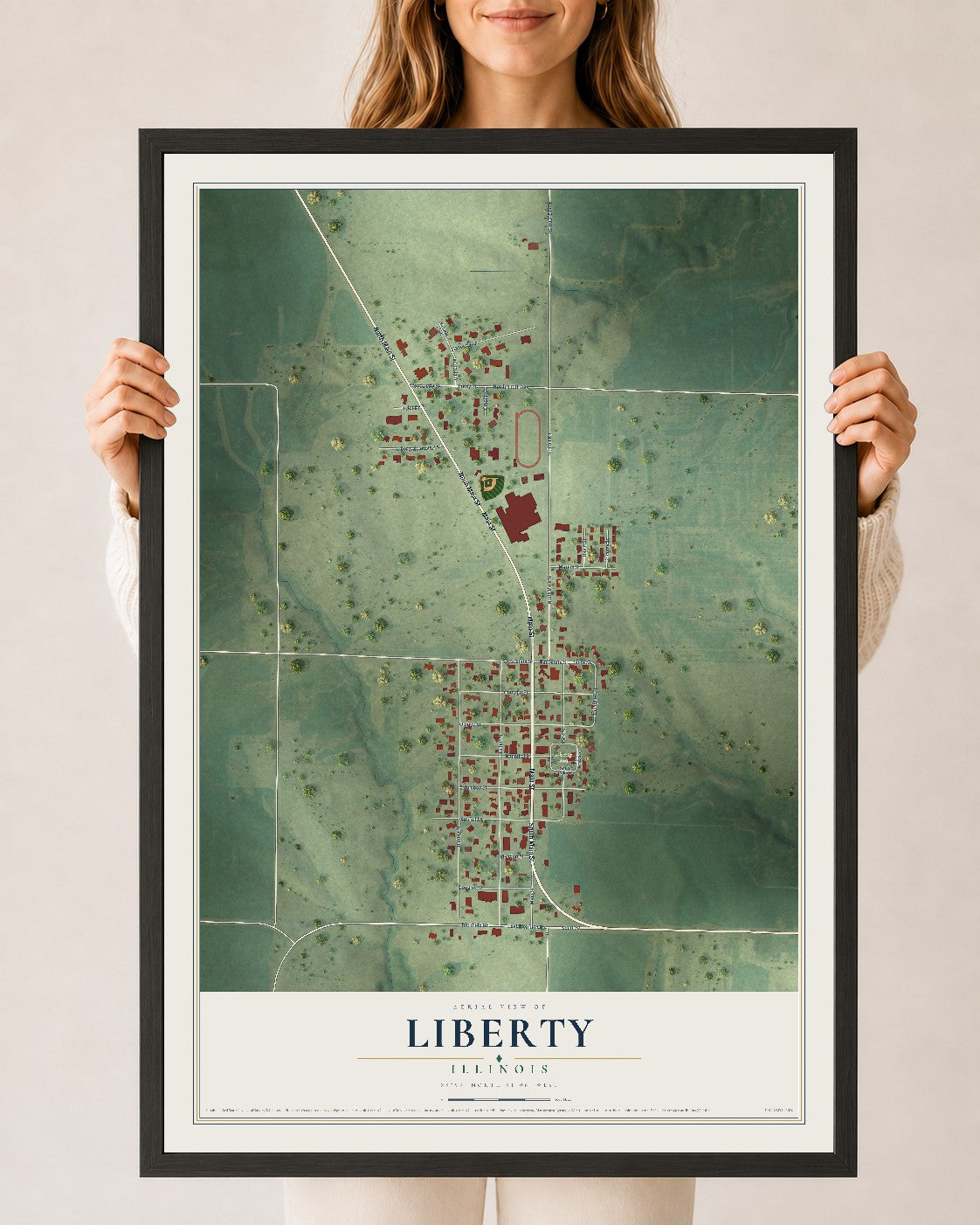 Map of Liberty, Illinois, 24 x 36 inch print in a black wood frame