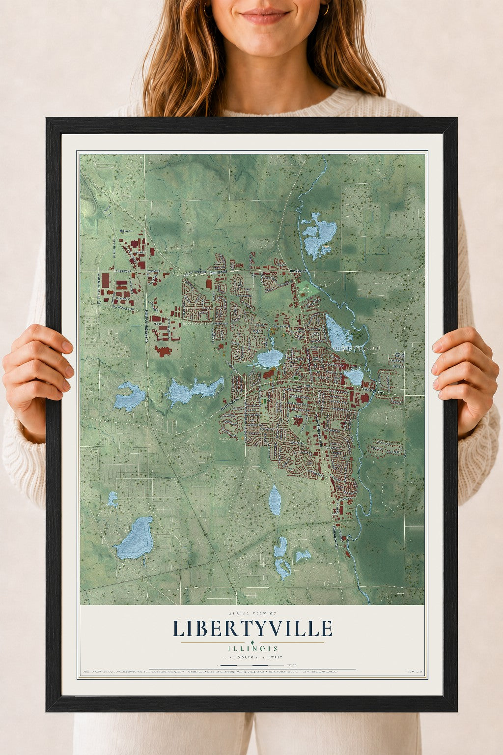 Map of Libertyville, Illinois, 18 x 24 inch print in a black wood frame