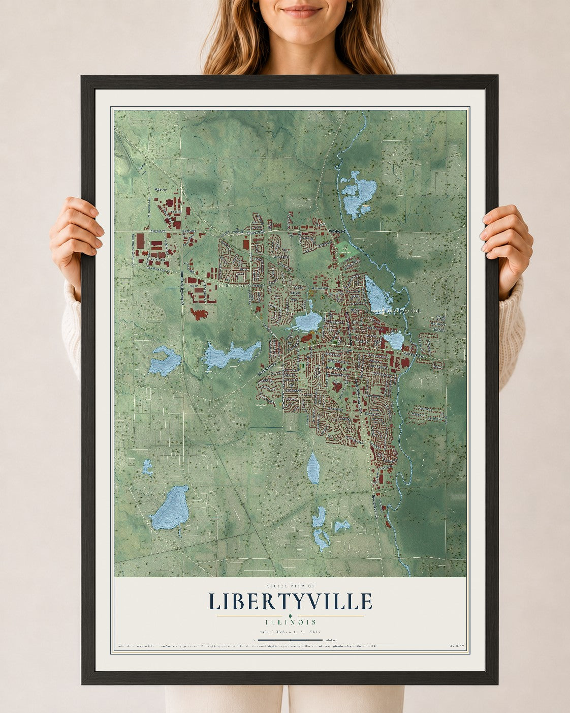 Map of Libertyville, Illinois, 24 x 36 inch print in a black wood frame