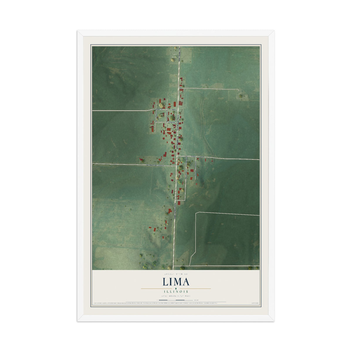 Map of Lima, Illinois, 12 x 18 inch print in a white wood frame