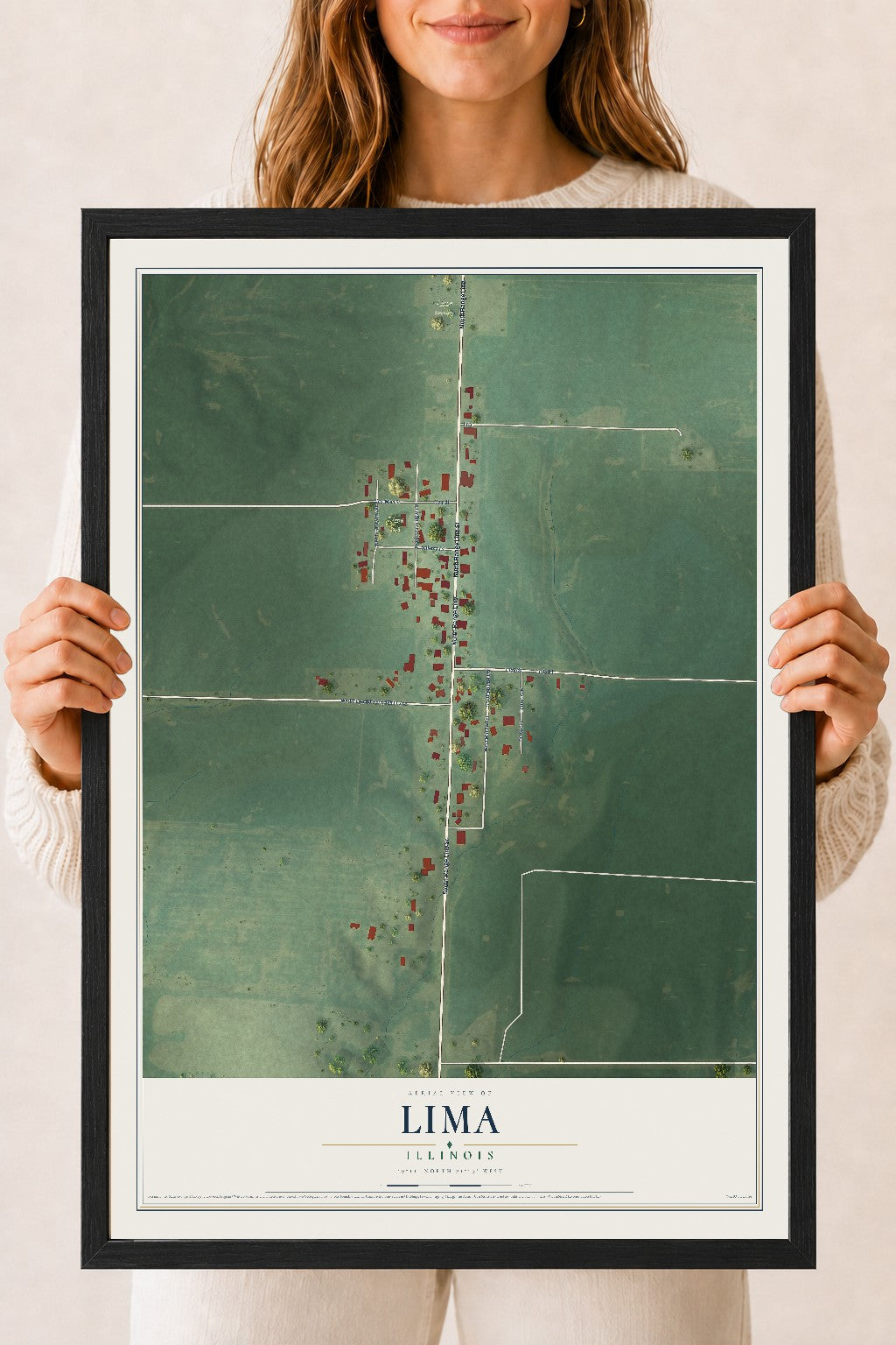 Map of Lima, Illinois, 18 x 24 inch print in a black wood frame