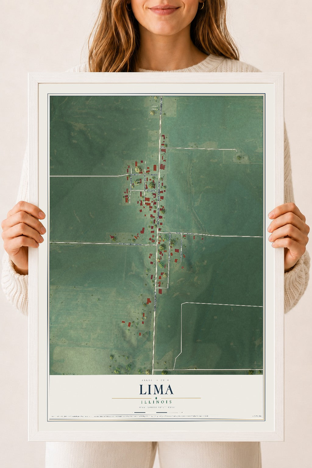 Map of Lima, Illinois, 18 x 24 inch print in a white wood frame